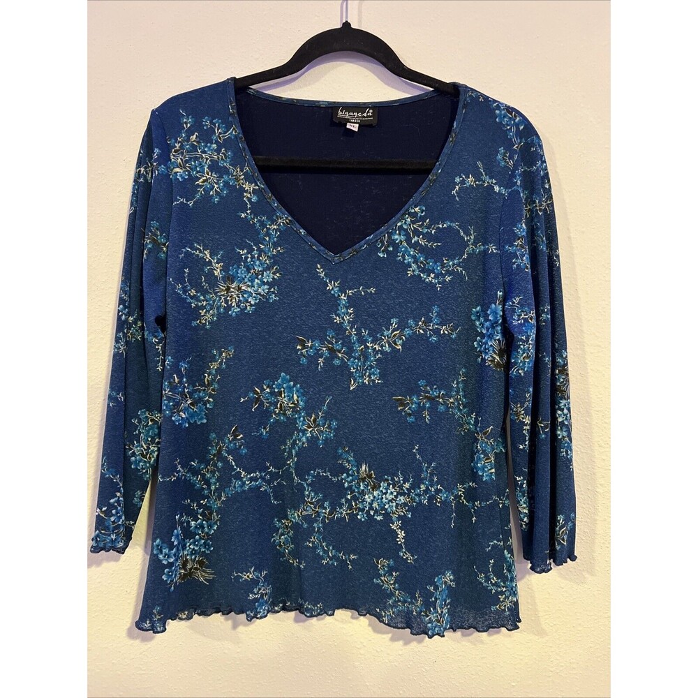 Blue Y2K Biyaycda Career Top XL Floral Lined Ruffle Trim 2000s 90s Sheer Burnout